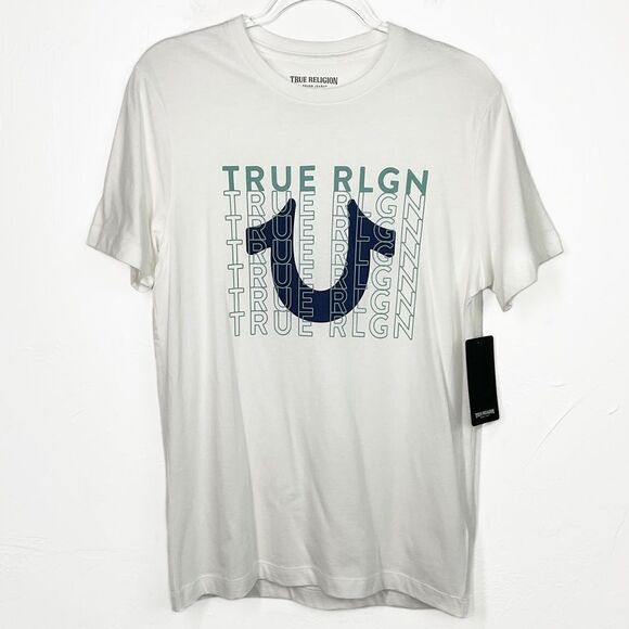 True Religion White Blue TR Repeat Tee T-Shirt Small NWT - Picture 1 of 6